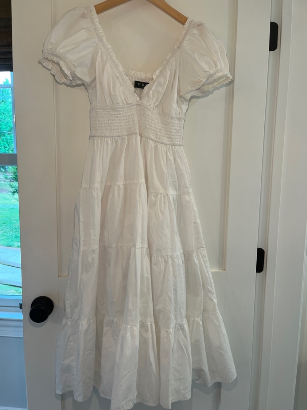 o.p.t. White Puff-Sleeve Smocked Waist Tiered Dress